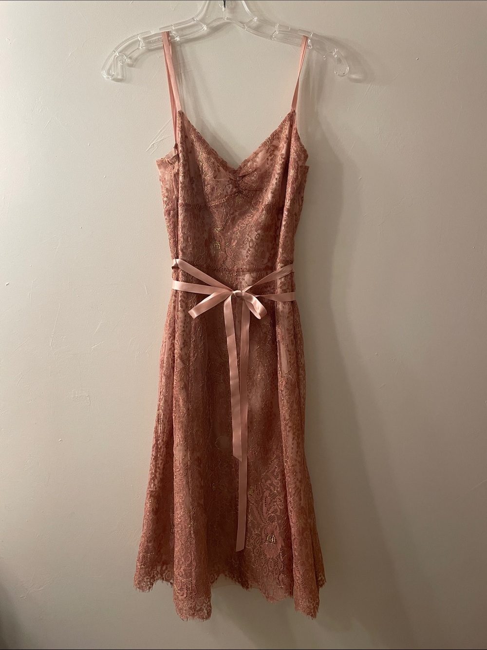 Ann Taylor Dusty Rose Lace Midi Dress with Satin Waist Tie